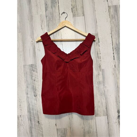 Ann Taylor Red Ruffle V Neck Sleeveless Blouse Top Career Work Office Size 2 - Picture 1 of 5